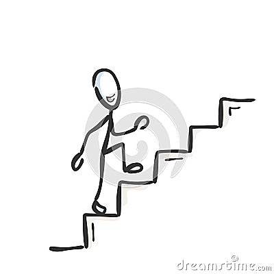 Going up the stairs. Successful proud and happy man. Ascend staircase. Hand drawn. Stickman cartoon. Doodle sketch, Vector graphic Cartoon Illustration