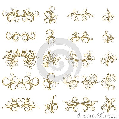 Gold abstract curly design element set on white background. Dividers. Swirls. Vector Illustration