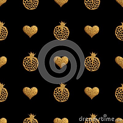Gold abstract pomegranate pattern. Hand painted hearts seamless background. Cartoon Illustration