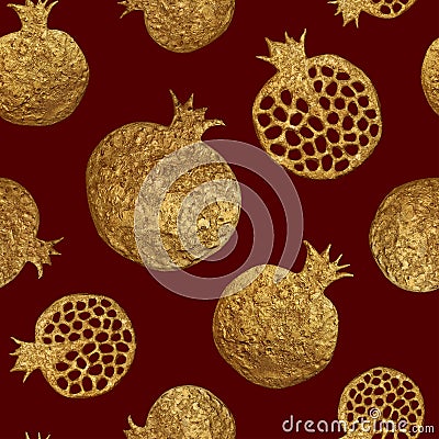 Gold abstract pomegranate pattern. Hand paintied seamless background. Summer fruit illustration. Cartoon Illustration