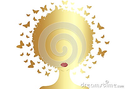 Gold Afro curly butterflies decorative composition with silhouette portrait black girl. Beauty center concept, hairstyle salon Vector Illustration