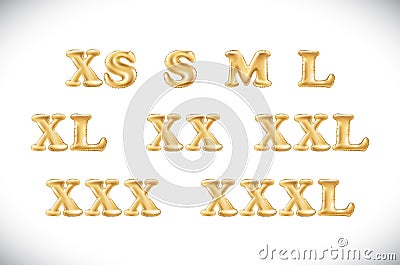 Gold alphabet balloons, Clothes size range set s m l xs xl xxl xxxl xx xxx Gold number and letter balloon Vector Illustration