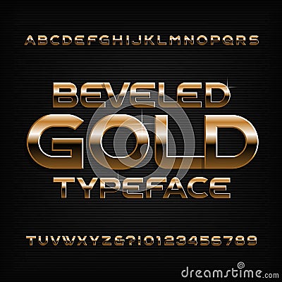 Gold alphabet font. Golden beveled glossy letters, numbers and symbols. Vector Illustration