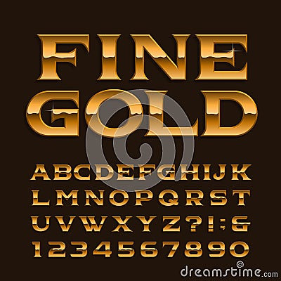 Gold alphabet font. Luxury glossy letters, numbers and symbols. Vector Illustration