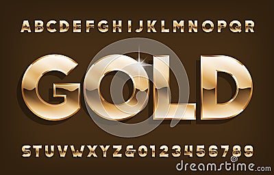 Gold alphabet font. Shining golden letters and numbers with shadow. Vector Illustration