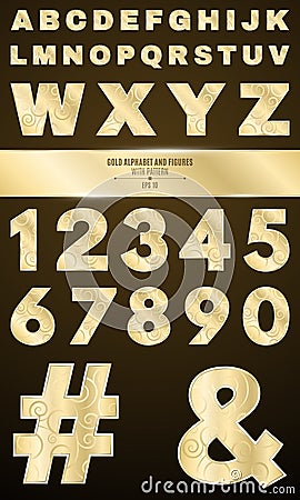 Gold alphabet for shows and presentations. Gold numbers and letters with a pattern. Metallic symbols Cartoon Illustration