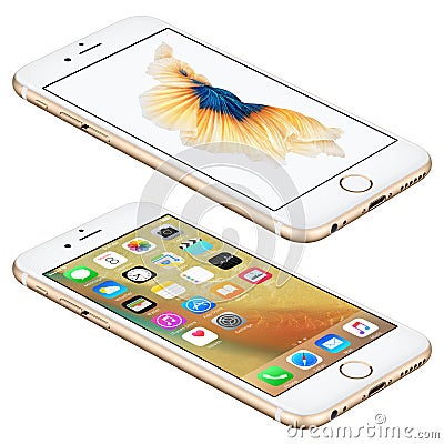 Gold Apple iPhone 6s lies on the surface with iOS 9 Editorial Stock Photo