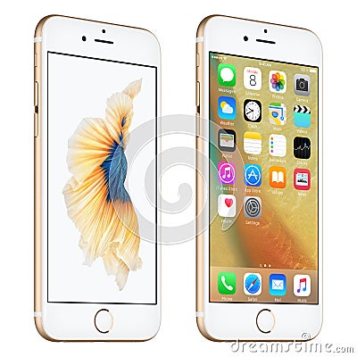 Gold Apple iPhone 6S slightly rotated front view with iOS 9 Editorial Stock Photo