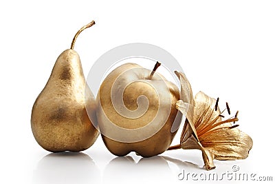 Gold apple, pear and flower Stock Photo
