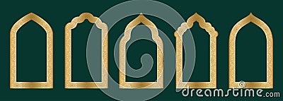 Gold arch frame shape Islamic door or window with geometric girikh pattern, silhouette Arabic arch. Luxury set in Vector Illustration