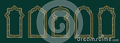 Gold arch frame shape Islamic door or window with geometric girikh pattern, silhouette Arabic arch. Luxury set in Vector Illustration