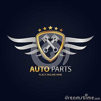 Gold automotive shield with silver wings icon Vector Illustration