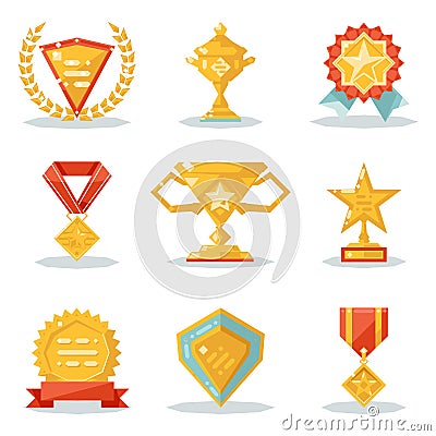 Gold Awards Win Symbols Trophy Isolated Polygonal Icons Set Flat Design Vector Illustration