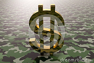 A gold backlit dollar sign stands on the surface of military camouflage Cartoon Illustration