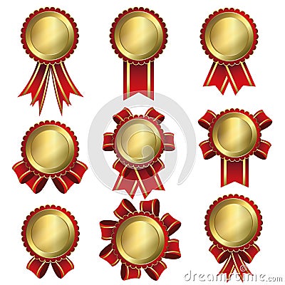 Gold badge label and red ribbon Vector Illustration