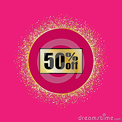 Gold badge sales on a pink background. Gold glitter Vector Illustration