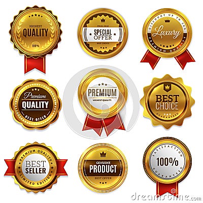 Gold badges seal quality labels. Sale medal badge premium stamp golden genuine emblem guarantee round vector set Vector Illustration