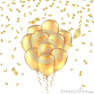 Gold balloon background. Golden realistic 3D balloons foil glitter mockup. Vector anniversary background. Vector Illustration