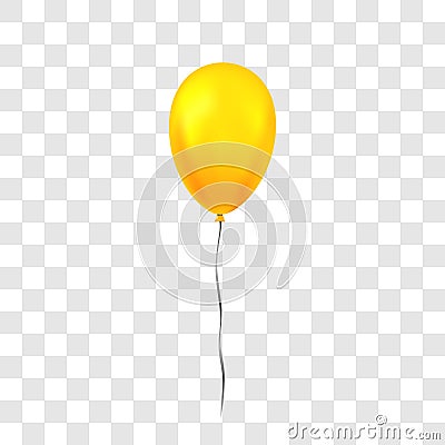 Gold balloon 3D, thread, isolated white transparent background. Golden glossy flying baloon, ribbon, birthday celebrate Vector Illustration