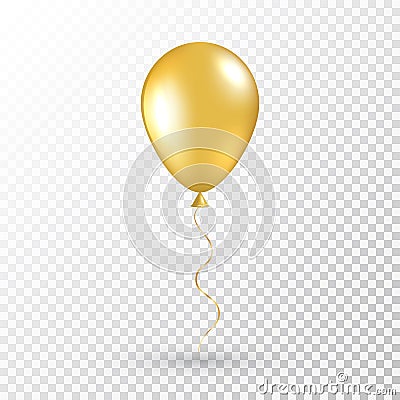 Gold balloon on transparent background. Realistic air baloon for party, Christmas, Birthday, Valentines day, Womens day Vector Illustration