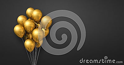 Gold balloons bunch on a black wall background. Horizontal banner Cartoon Illustration