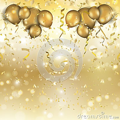 Gold balloons and confetti background Vector Illustration