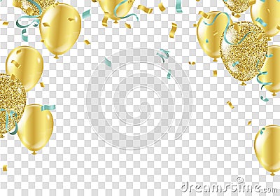 Gold balloons, confetti and streamers. Vector illustration. Vector Illustration
