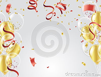 Gold balloons, confetti and streamers on white background. Vector illustration. Vector Illustration