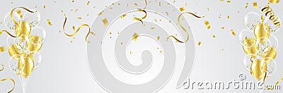 Gold balloons, confetti and streamers on white background. Vector illustration. Vector Illustration