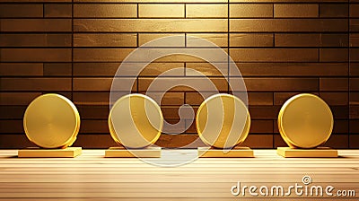 Luxurious Gold Medal Ornaments On Wooden Wall - Minimalist Design Stock Photo