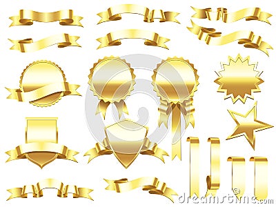 Gold banner ribbon. Elegant golden ribbons labels and products banners. Premium label sign vector set Vector Illustration