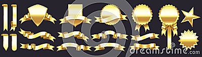 Gold banner with ribbons. Shapes for gift, accessory and tag. Festive shining tape, tag, star and medal Vector Illustration