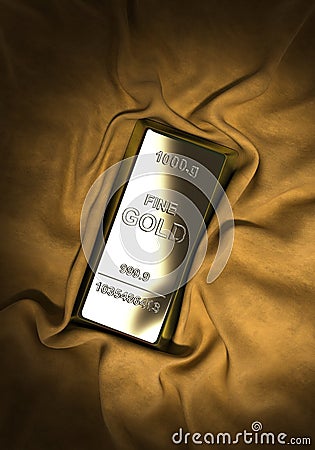 Gold bar on yellow velor pano presentation background 3d render image Stock Photo
