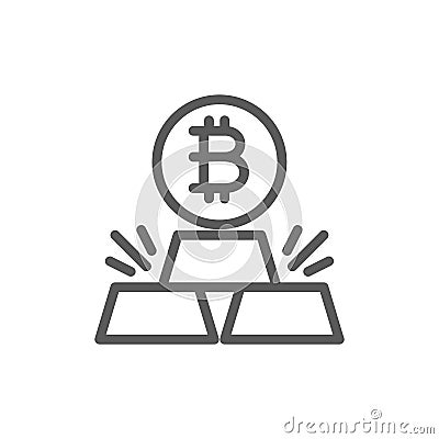 Gold bars with bitcoin, cryptocurrency line icon. Vector Illustration