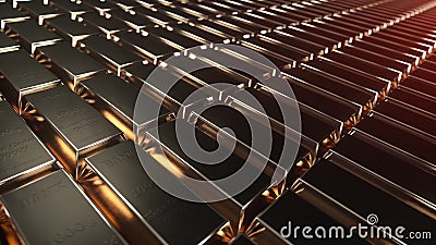 Gold bars. Gold ingots stacked in neat rows. 3D illustration Cartoon Illustration