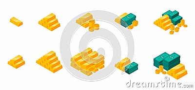 Gold Bars Pile, Dollars Bundles, Money, Icon set Vector Illustration