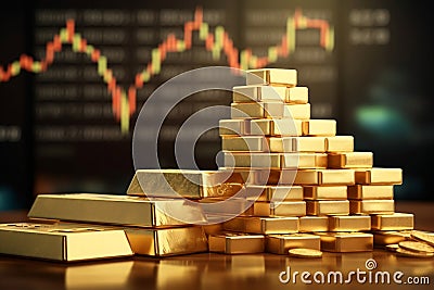 Gold bars with uptrend graph, gold trading and investment concept 3D illustration. Generative AI Cartoon Illustration