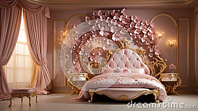 Gold leaf bed adorned with pink flowers Stock Photo