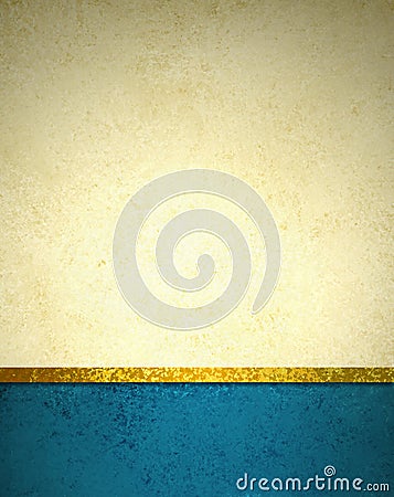 Gold beige background with blue footer border, gold ribbon trim, and grunge vintage texture Stock Photo