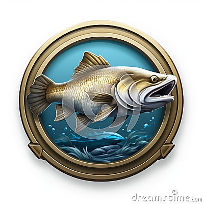 Realistic Fishing Symbol Badge With Gold Frame Stock Photo