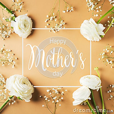 Gold, beige or yellow mothers day card flowers and gift flat lay with greeting text Stock Photo