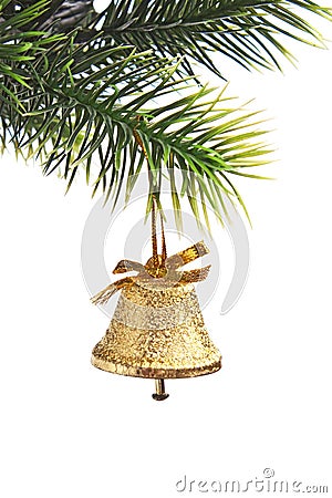 Gold bell on the Christmas tree Stock Photo