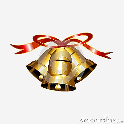 Gold bell with red ribbon illustration. Vector Illustration