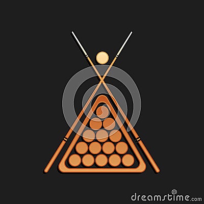 Gold Billiard cue and balls in a rack triangle icon isolated on black background. Long shadow style. Vector Stock Photo