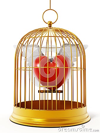 Gold bird cage with heart isolated on white background. 3D illustration Cartoon Illustration