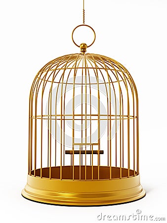 Gold bird cage isolated on white background. 3D illustration Cartoon Illustration