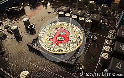 Gold Bit Coin BTC coins on the motherboard. Bitcoin is a worldwide cryptocurrency and digital payment system called the first dec Stock Photo