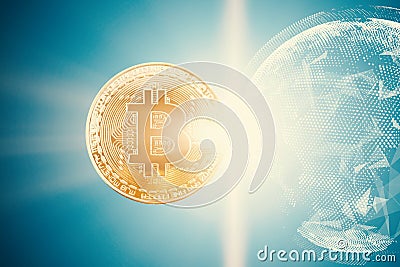 Gold bitcoin with bright background Cartoon Illustration