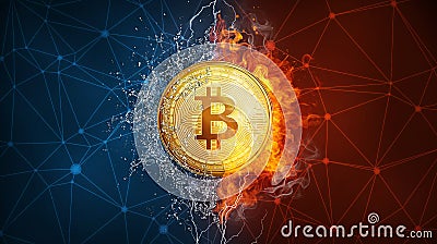 Gold bitcoin coin hard fork in fire flame, lightning and water splashes. Cartoon Illustration