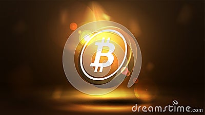 Gold bitcoin on a dark blurred background. Digital Cryptocurrency poster Vector Illustration